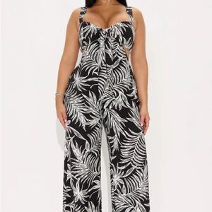 Black and White Leaf Print Jumpsuit